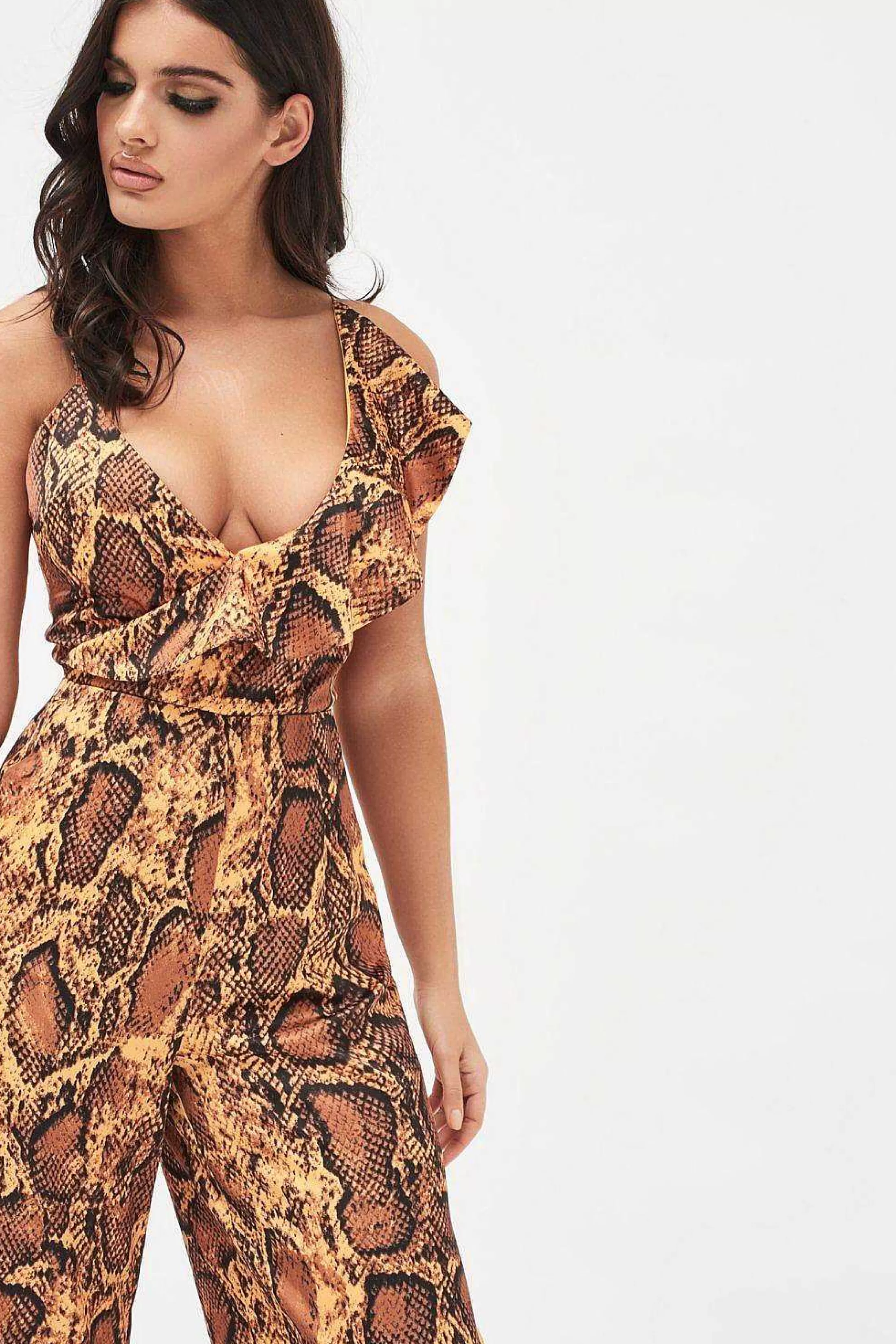 Lavish Alice Jumpsuits & Playsuits<Nora Satin Frill Wrap Culotte Jumpsuit In Golden Yellow Snake Print