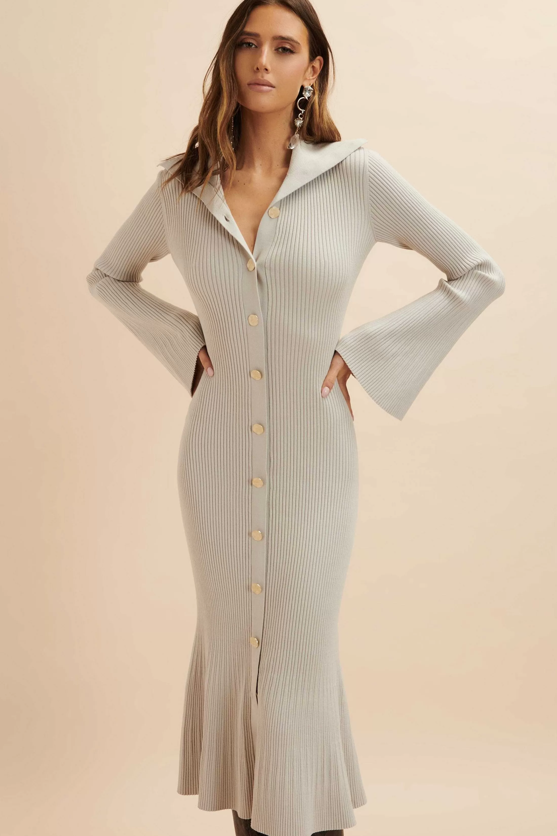 Lavish Alice Dresses<Parker Knitted Ribbed Fit & Flare Collared Dress In Stone