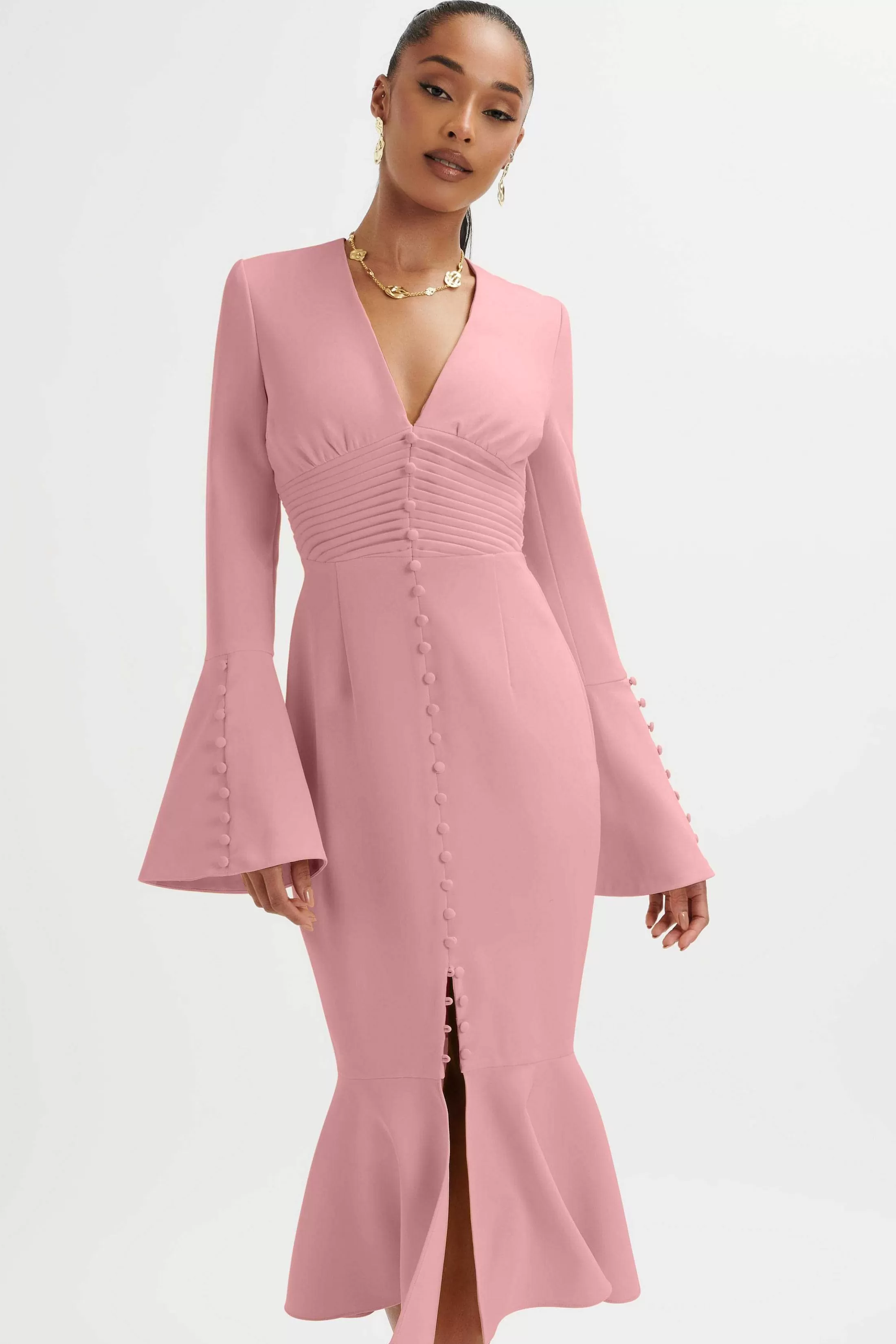 Lavish Alice Dresses<**Pre-Order** Salma Fluted Sleeve Longline Fishtail Midi Dress In Pink
