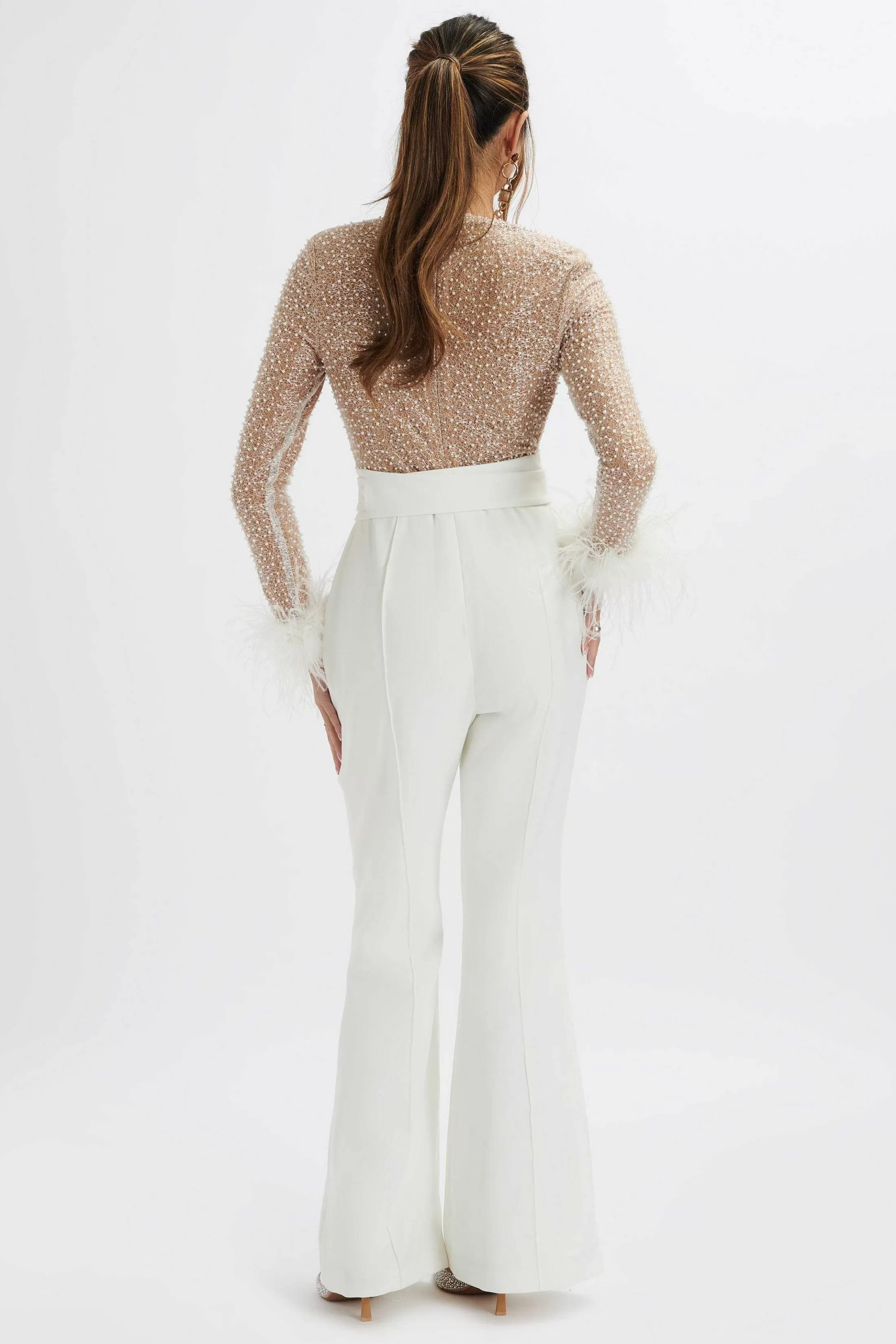 Lavish Alice Jumpsuits & Playsuits<Raisa Pearl Embellished Feather Cuff Jumpsuit In White