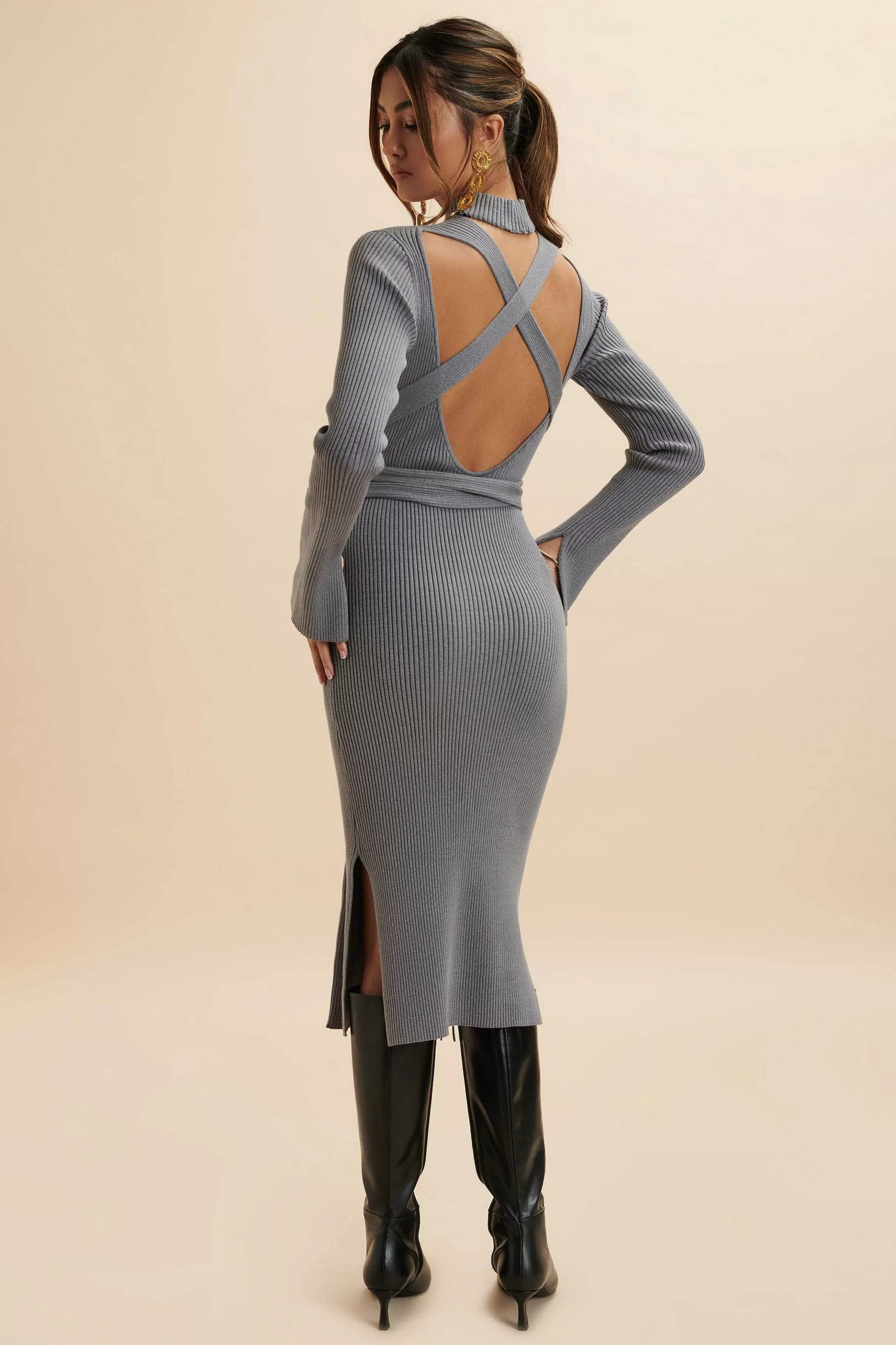 Lavish Alice Dresses<Romi Knitted Ribbed Open Back Sleeved Midi Dress In Grey