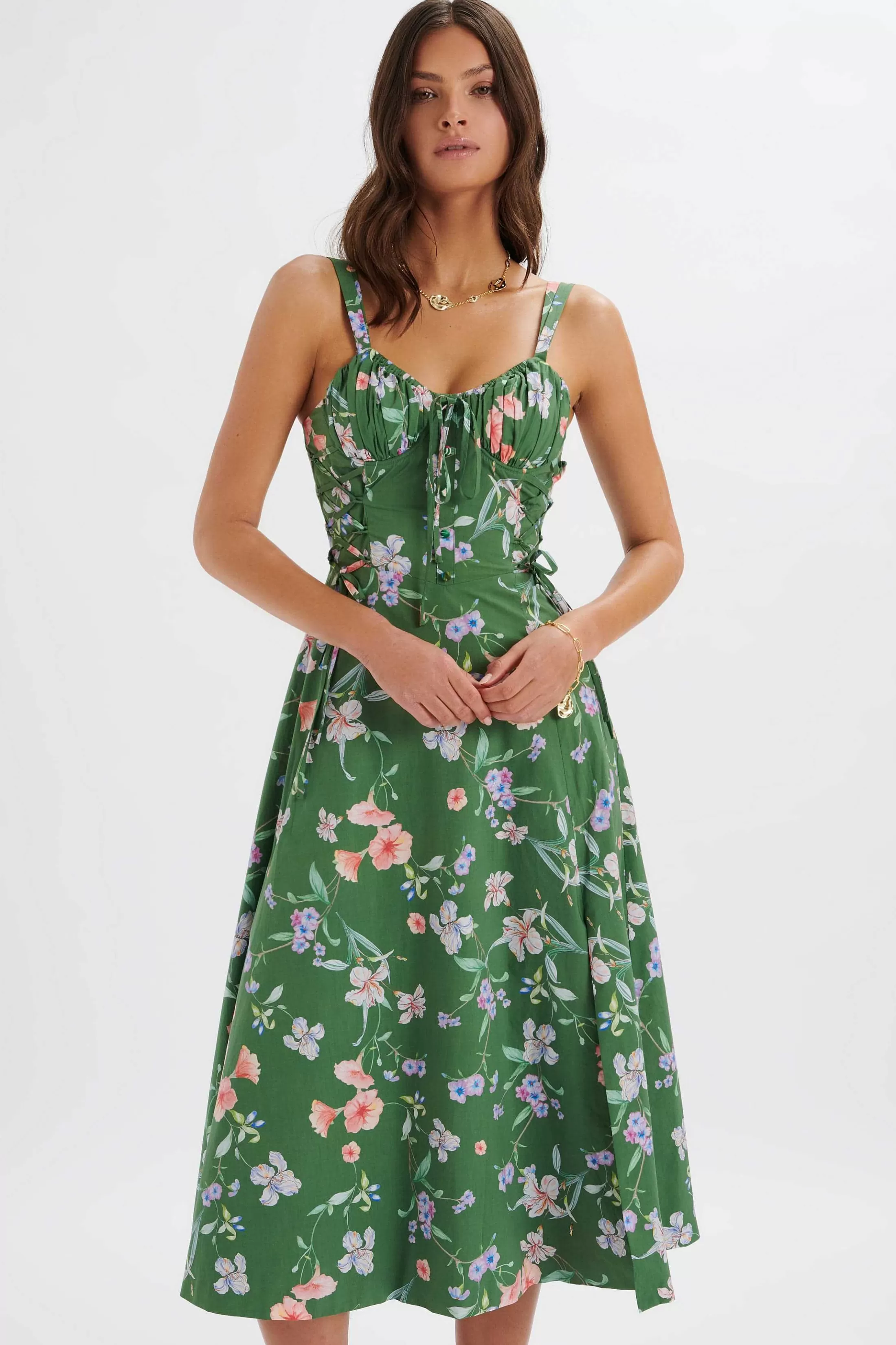 Lavish Alice Dresses<Rosey Gathered Longline Dress In Green Floral Print