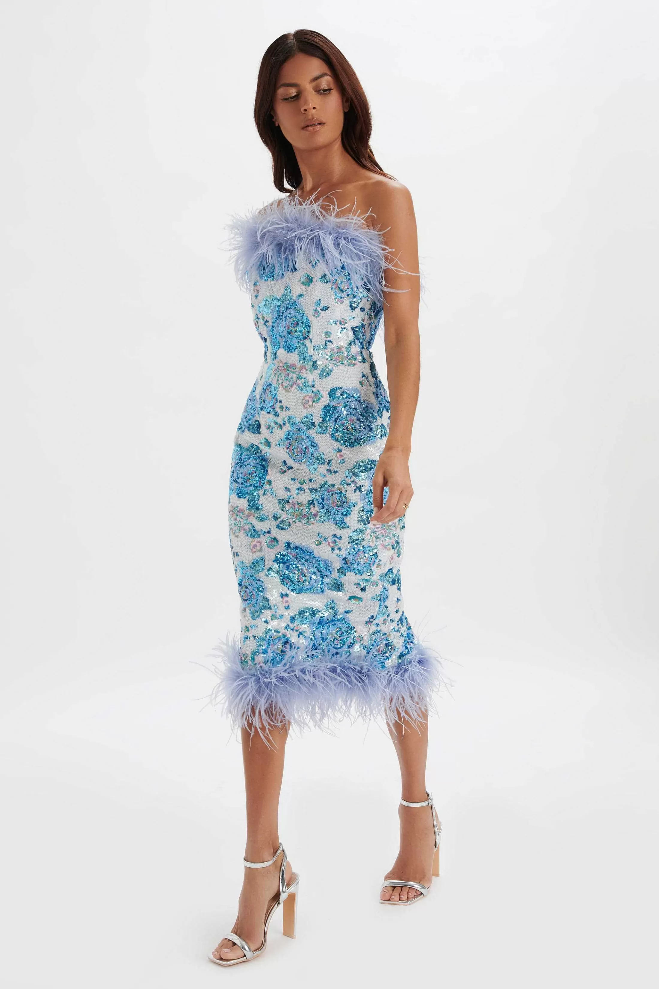 Lavish Alice Dresses<Sami Feather Bandeau Midi Dress In White And Blue Rose Sequin