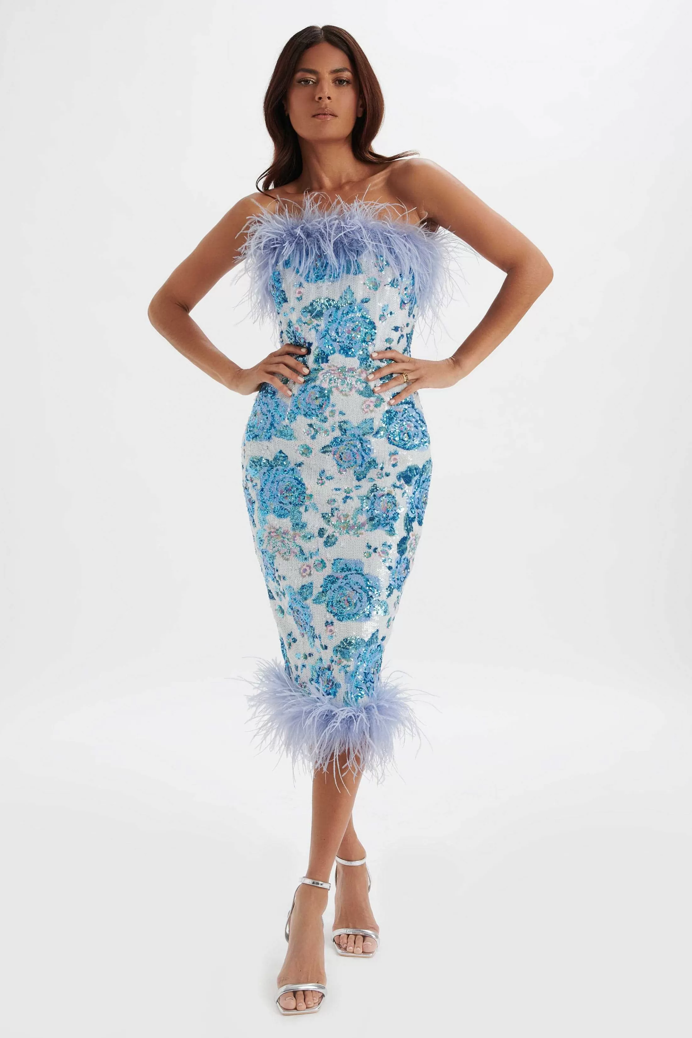 Lavish Alice Dresses<Sami Feather Bandeau Midi Dress In White And Blue Rose Sequin