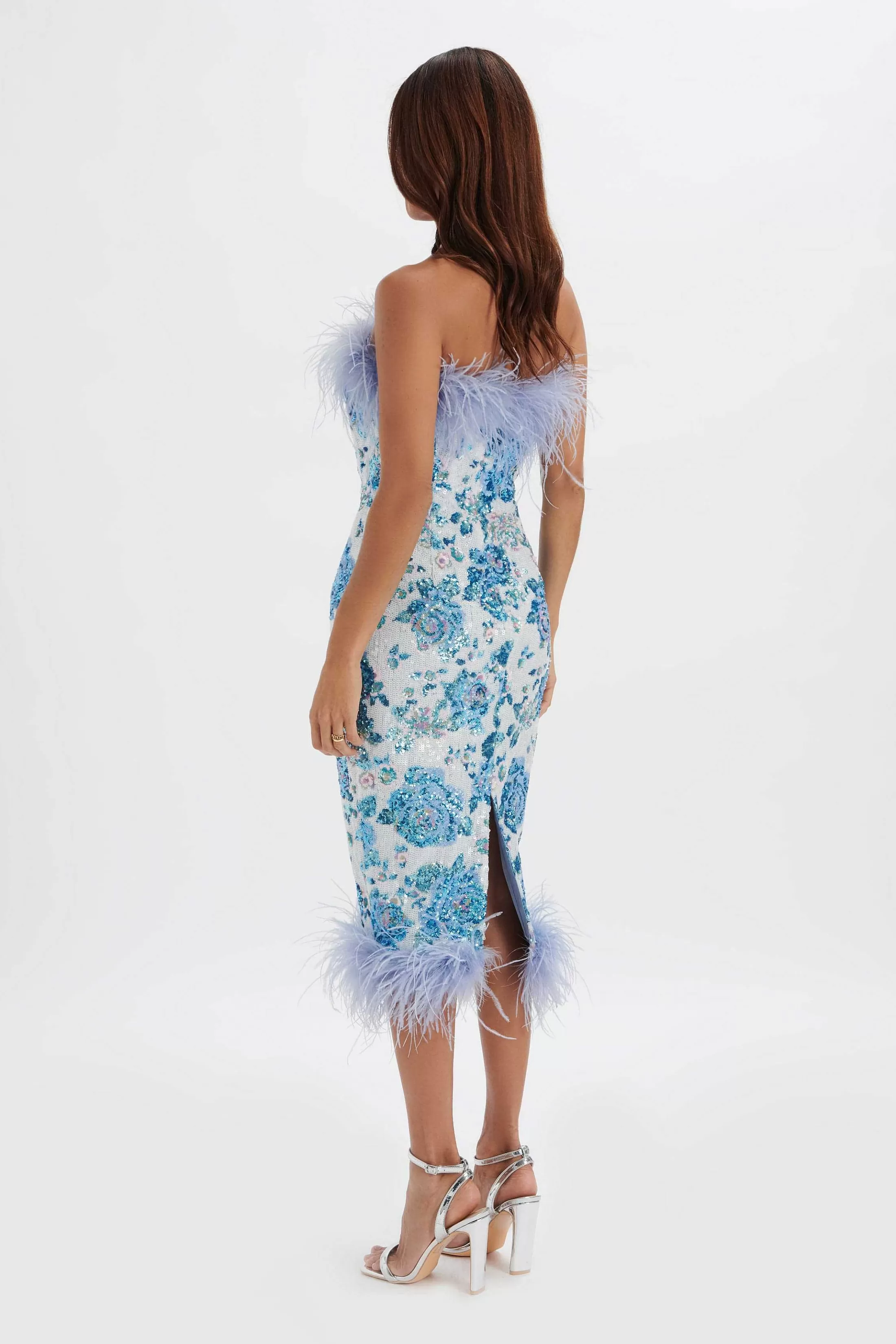 Lavish Alice Dresses<Sami Feather Bandeau Midi Dress In White And Blue Rose Sequin