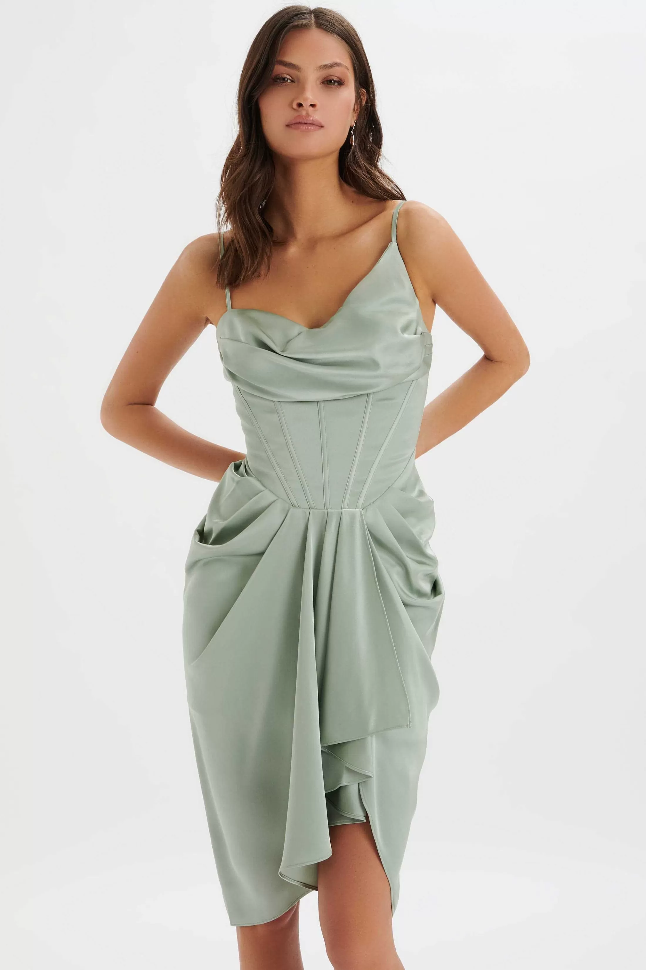 Lavish Alice Dresses<Selah Asymmetric Cowl Neck Draped Midi Dress In Sage