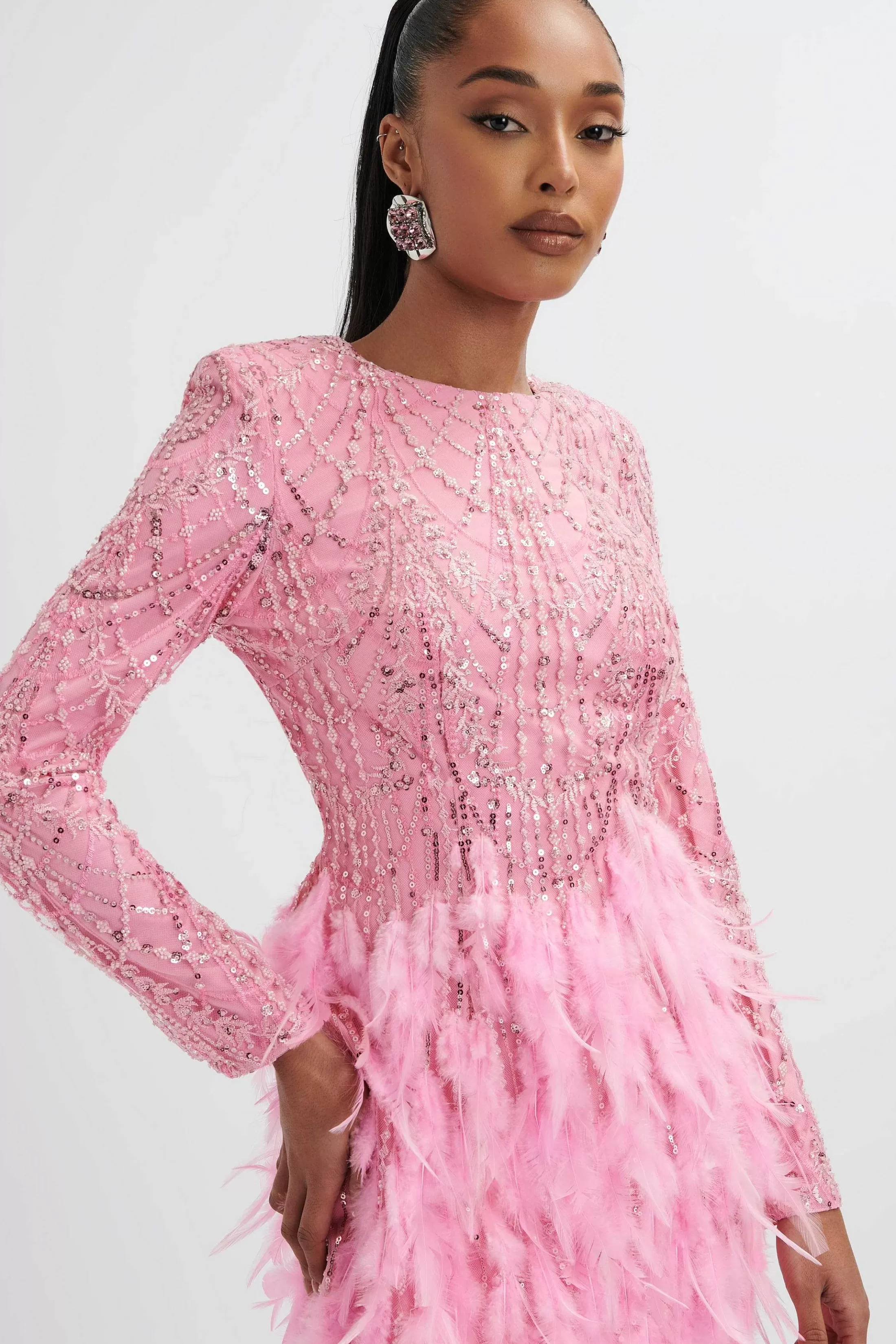 Lavish Alice Dresses<Selene Embellished Feather Mini Dress In Pink