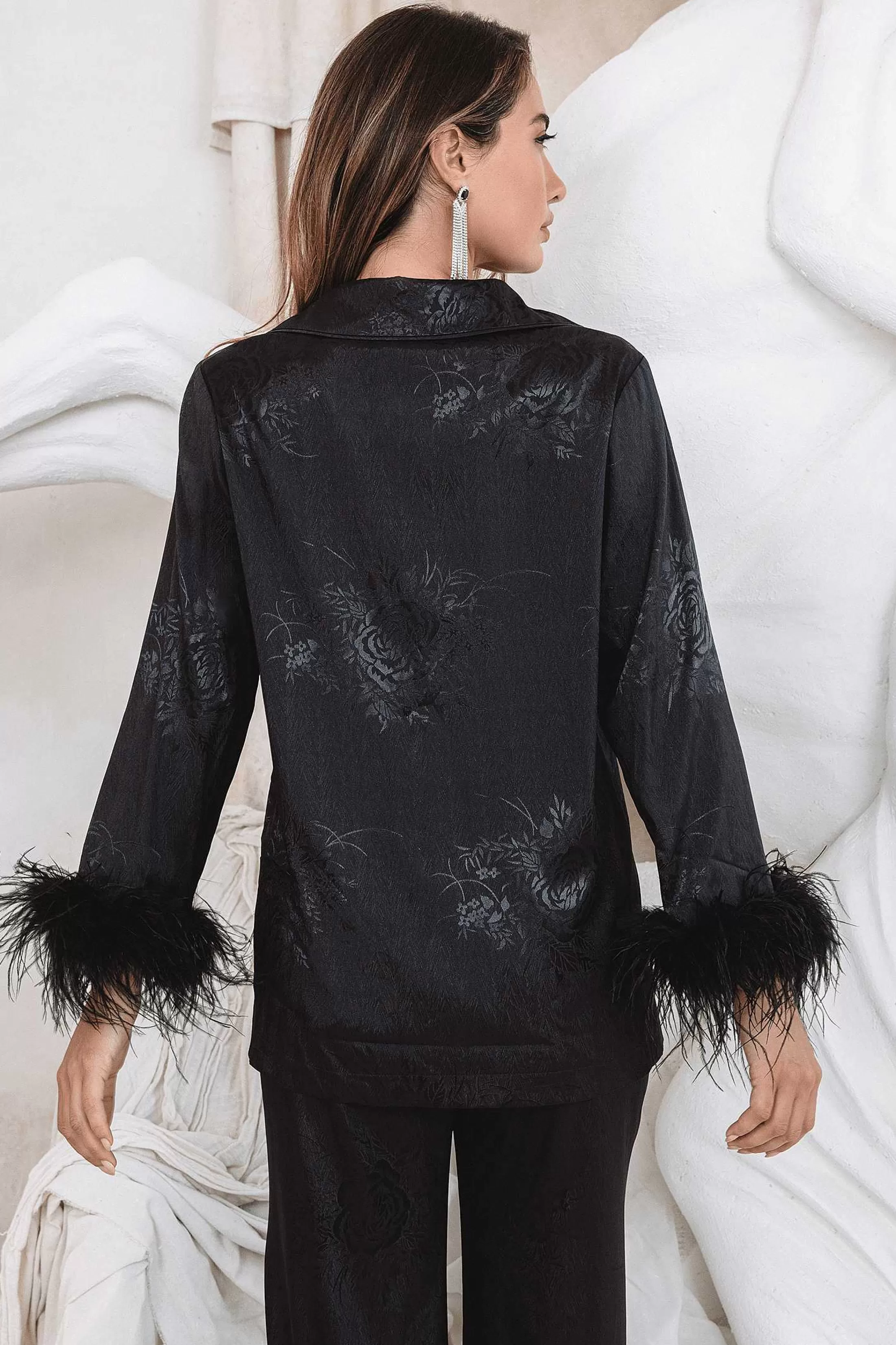 Lavish Alice Luxury Pyjamas<Sydney Feather Trim Satin Jacquard Pyjama In Black