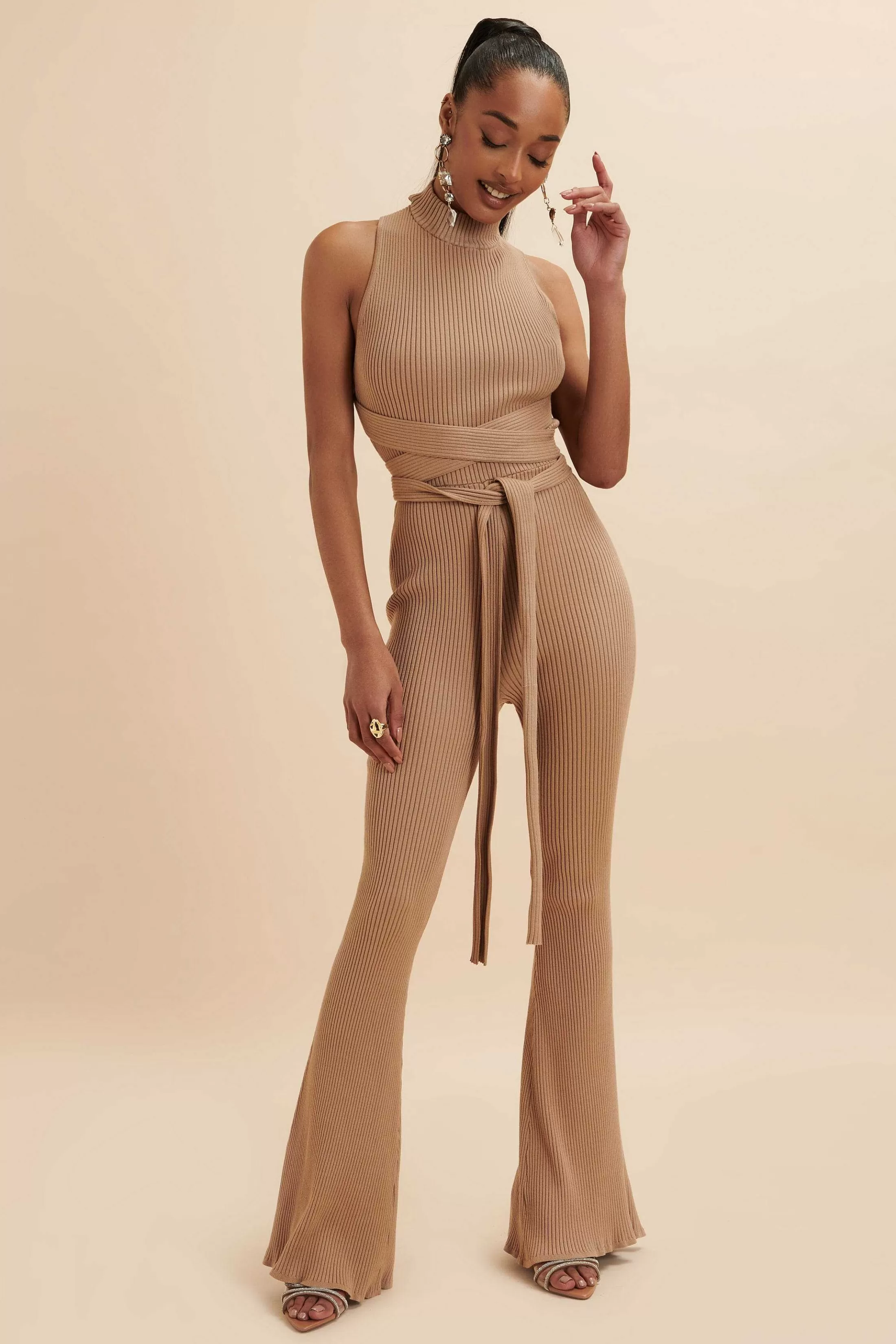 Lavish Alice Jumpsuits & Playsuits<Tamara Knitted Ribbed Open Back Jumpsuit In Camel