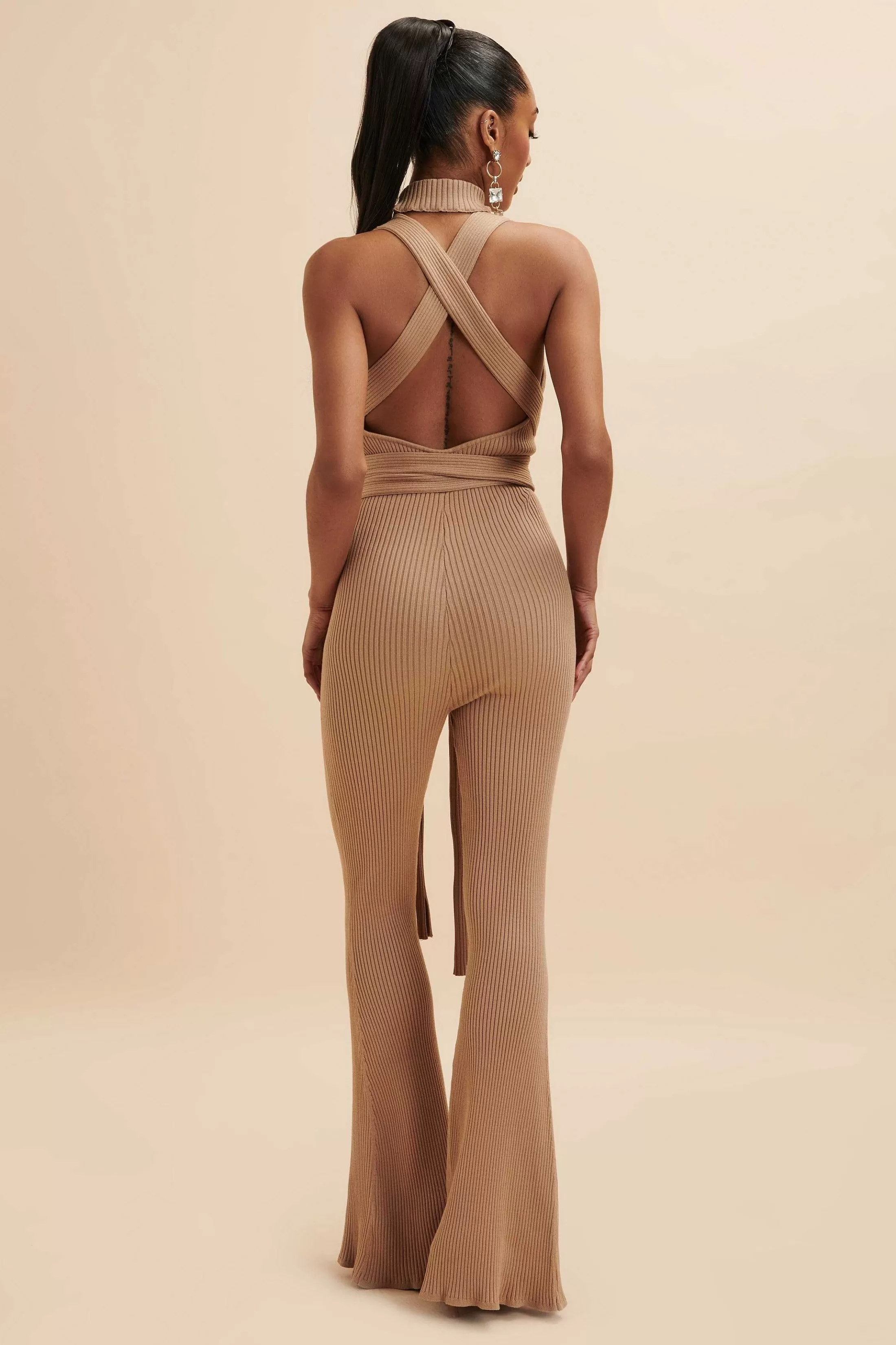 Lavish Alice Jumpsuits & Playsuits<Tamara Knitted Ribbed Open Back Jumpsuit In Camel