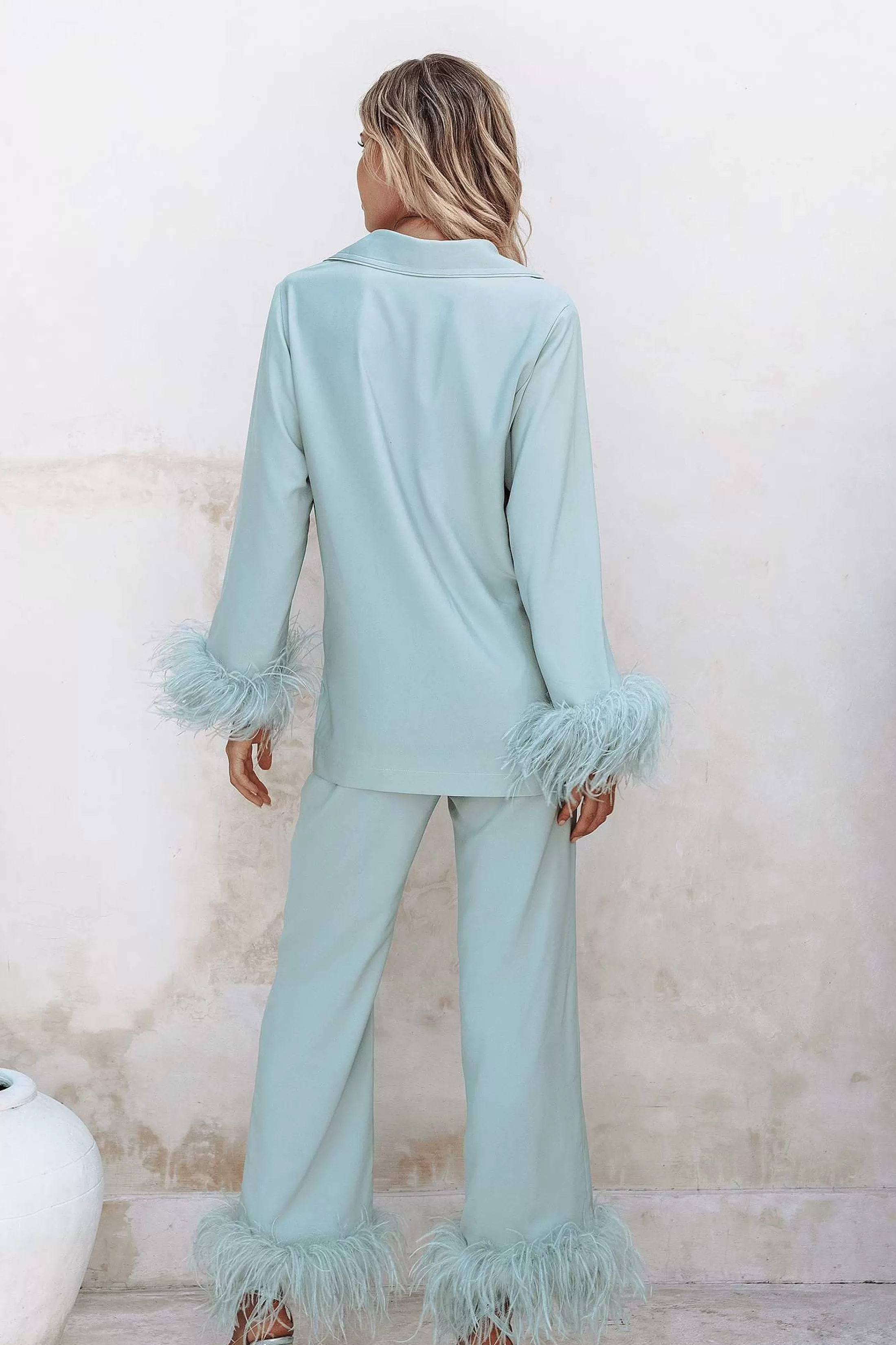 Lavish Alice Luxury Pyjamas<Tilly Feather Trim Satin Pyjama In Sage