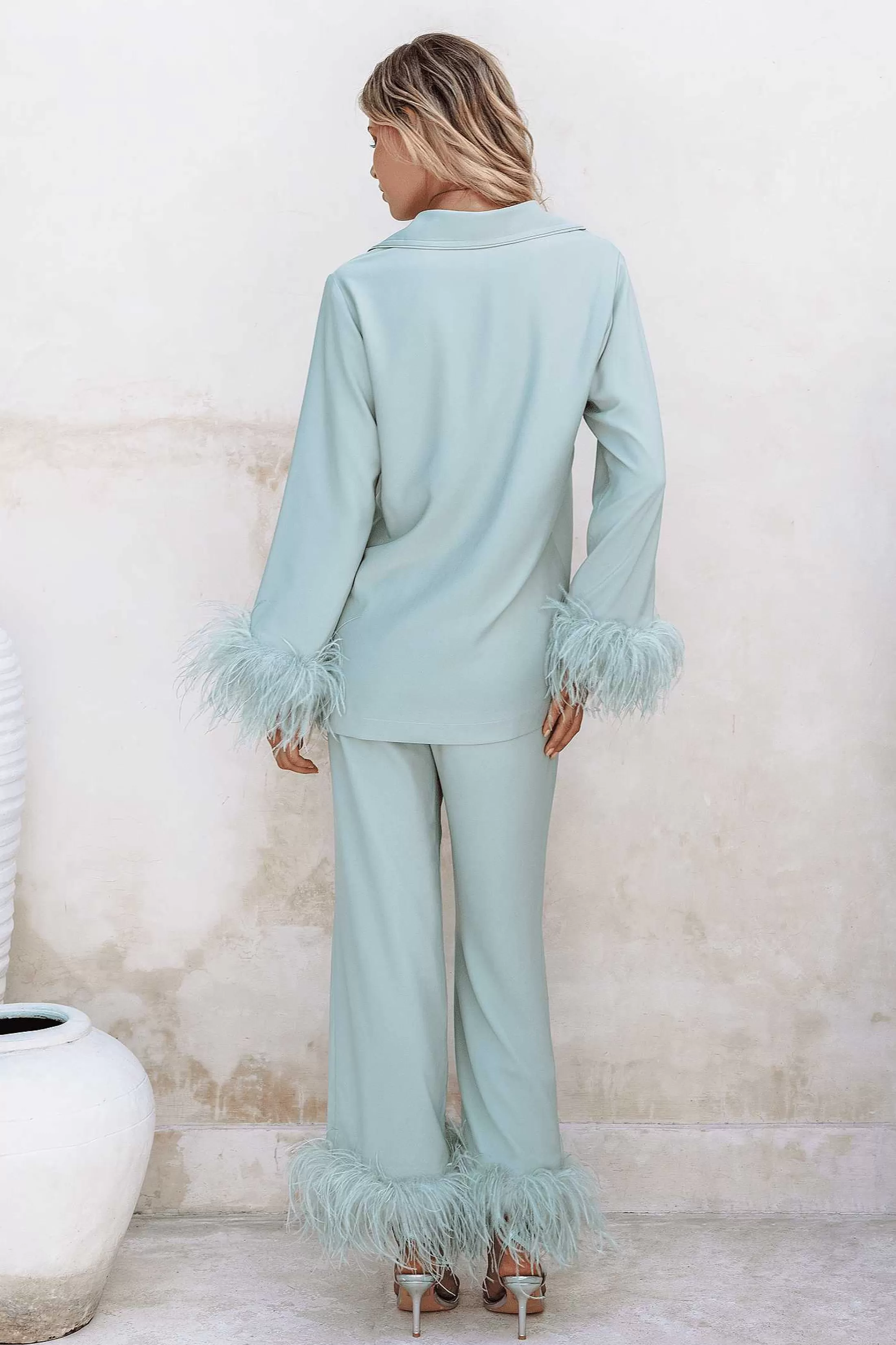 Lavish Alice Luxury Pyjamas<Tilly Feather Trim Satin Pyjama In Sage