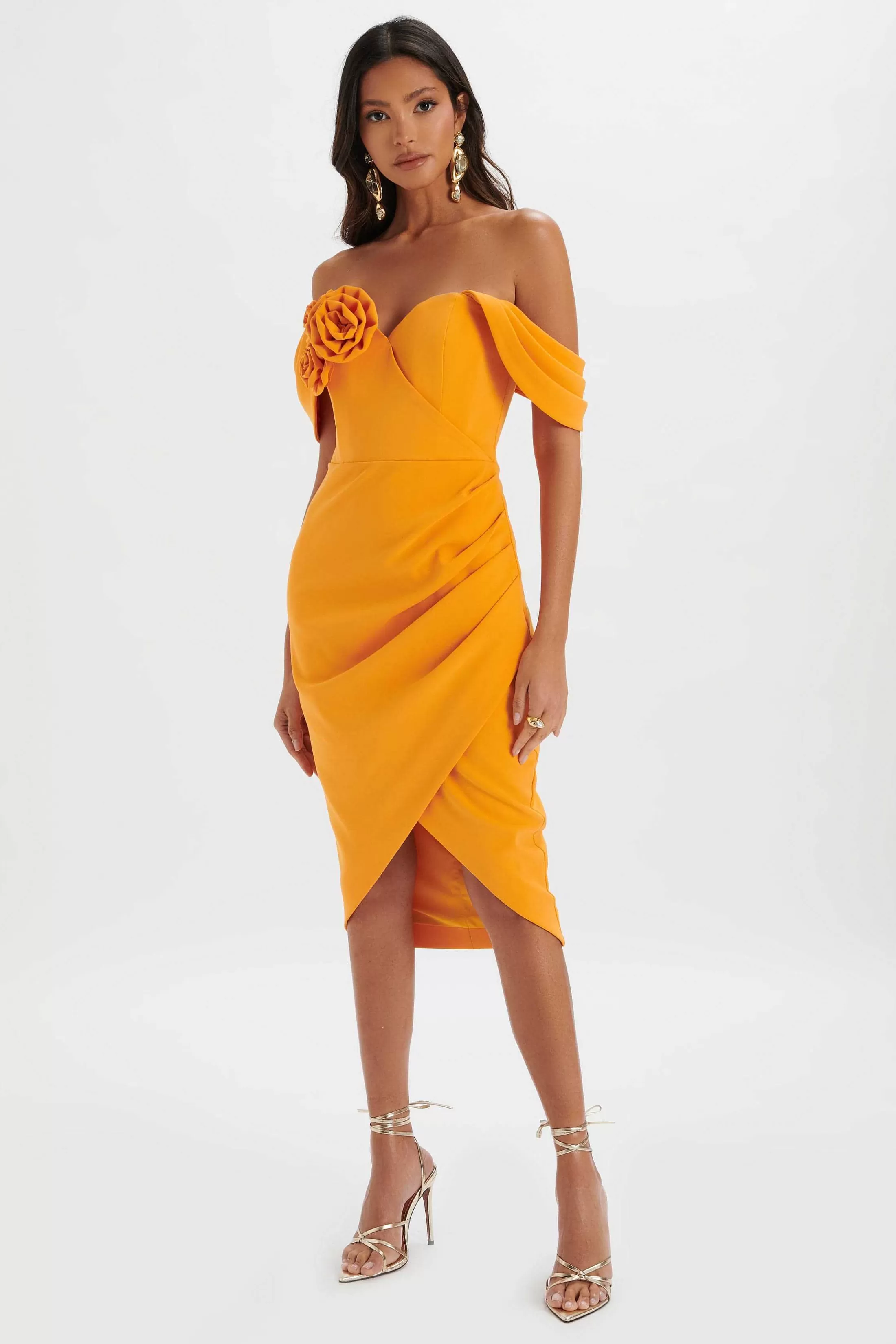 Lavish Alice Dresses<Zamira 3D Flower Detail Off Shoulder Midi Dress In Orange